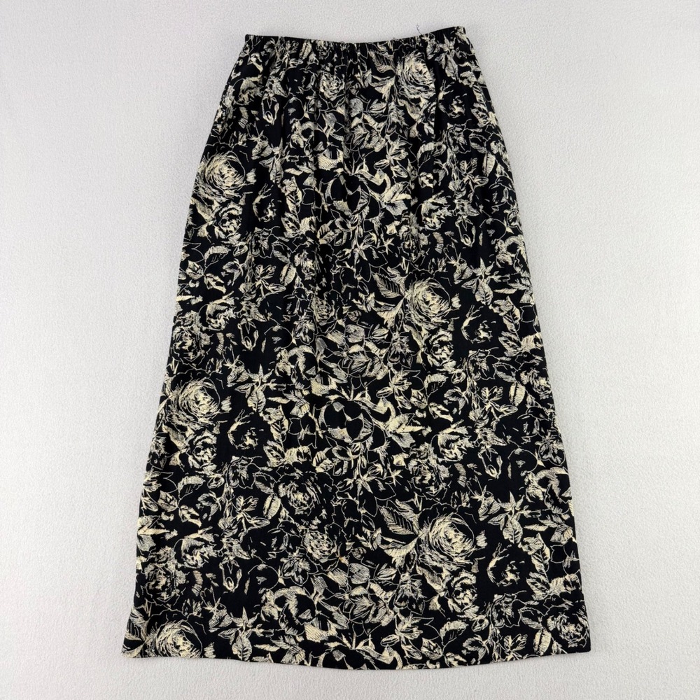 VTG Clio Floral Midi Skirt Women S Black Cream Elastic Waist A-Line Cottagecore